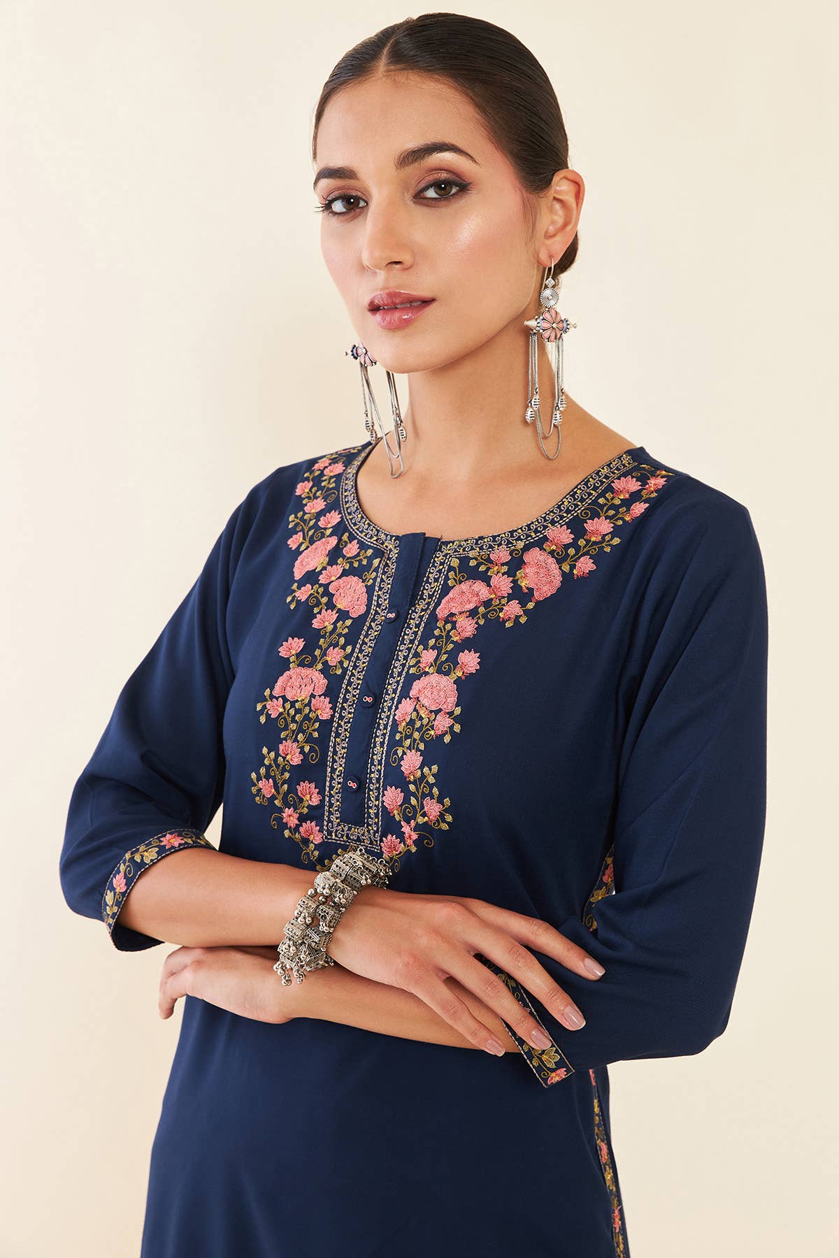 Navy Blue Floral Embroidered Rayon Kurta - View 5