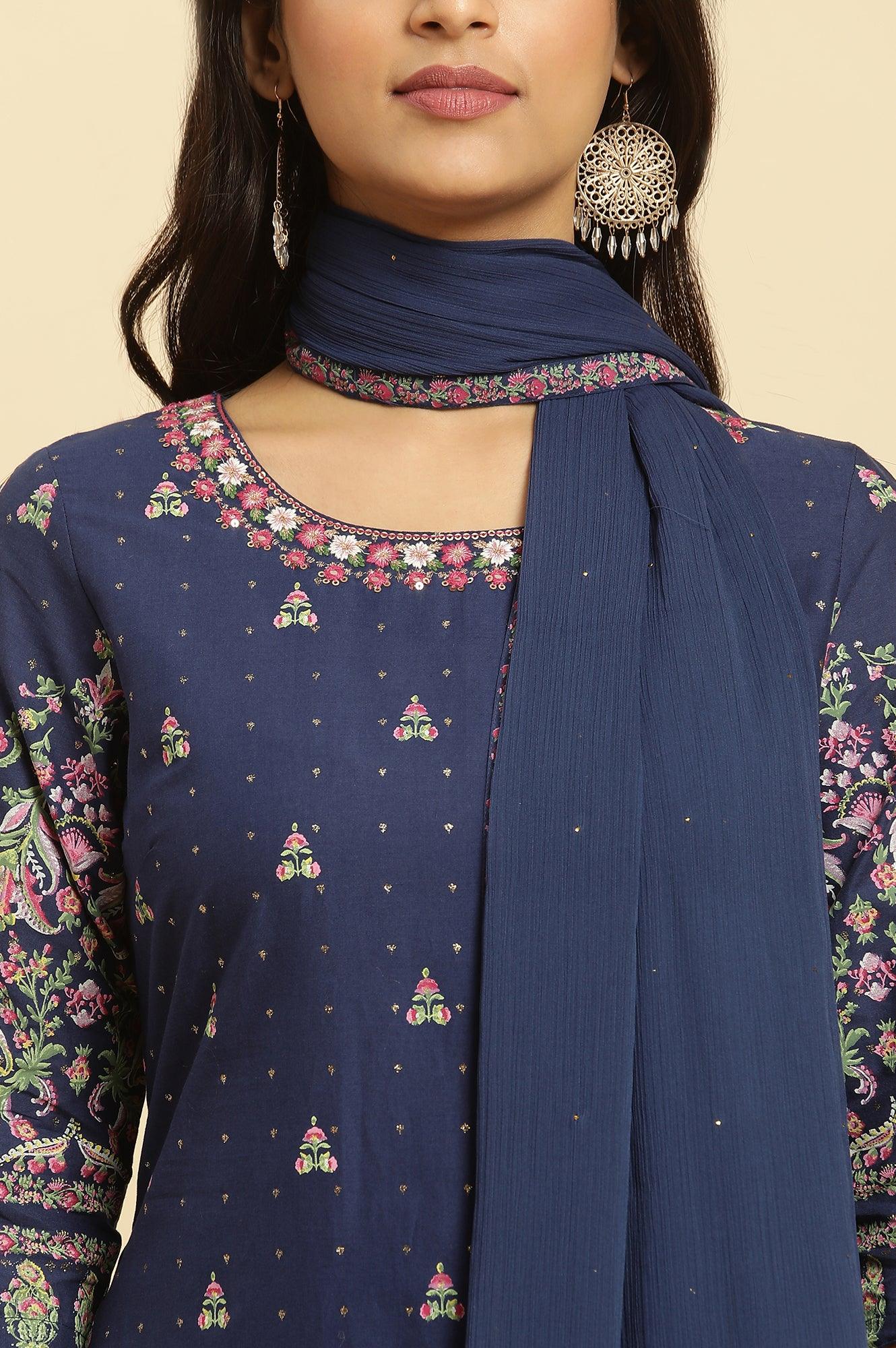 Blue Floral Printed Kurta, Sharara And Dupatta Set - View 10