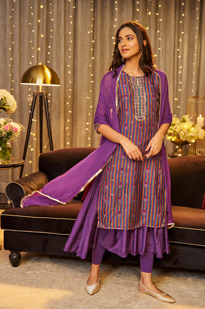 Purple Layered Suzani Printed Kurta, Tights And Dupatta Set - View 7