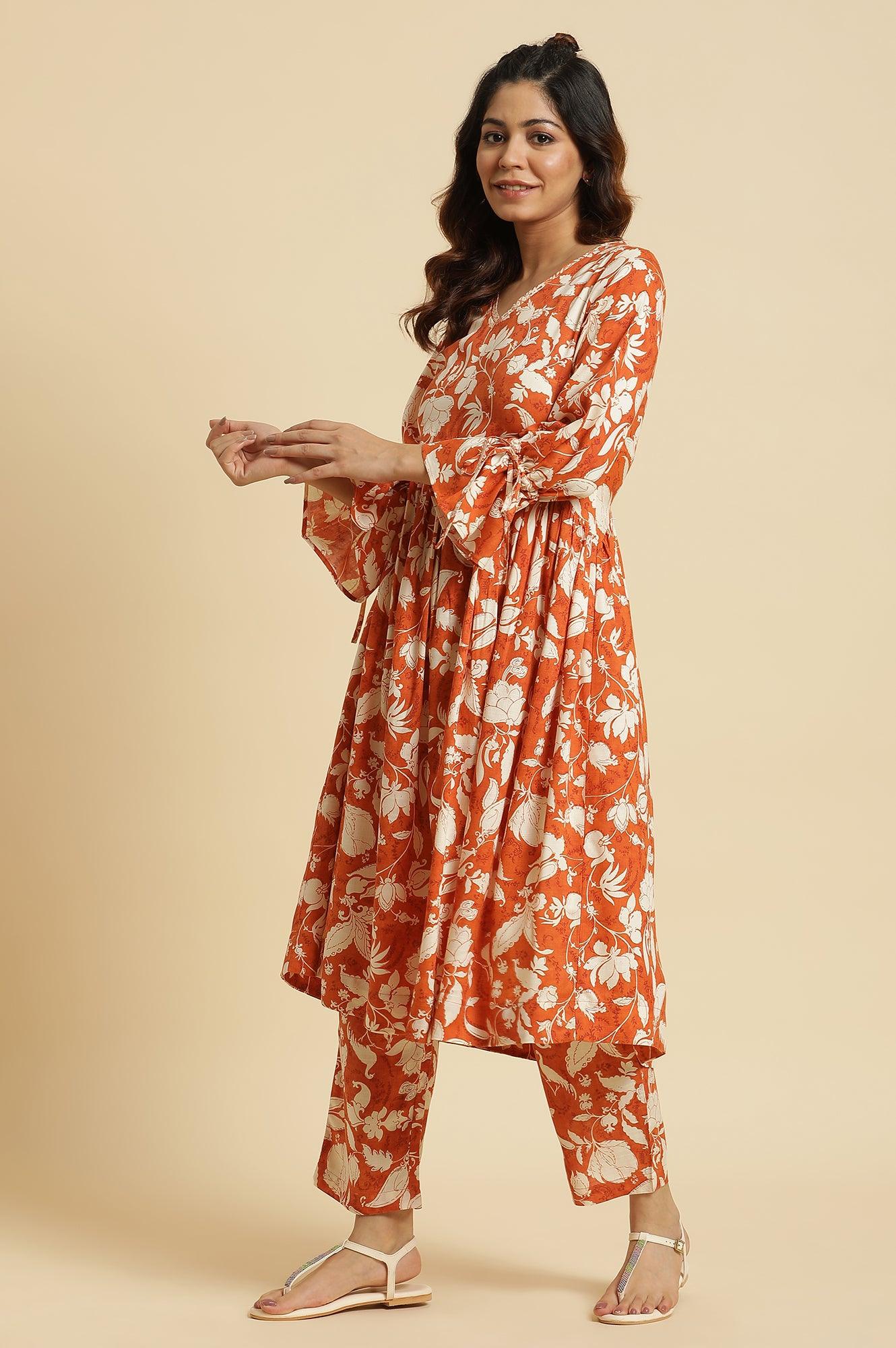 Dark Orange Floral Printed Kurta & Pants Co-Ord Set - View 6
