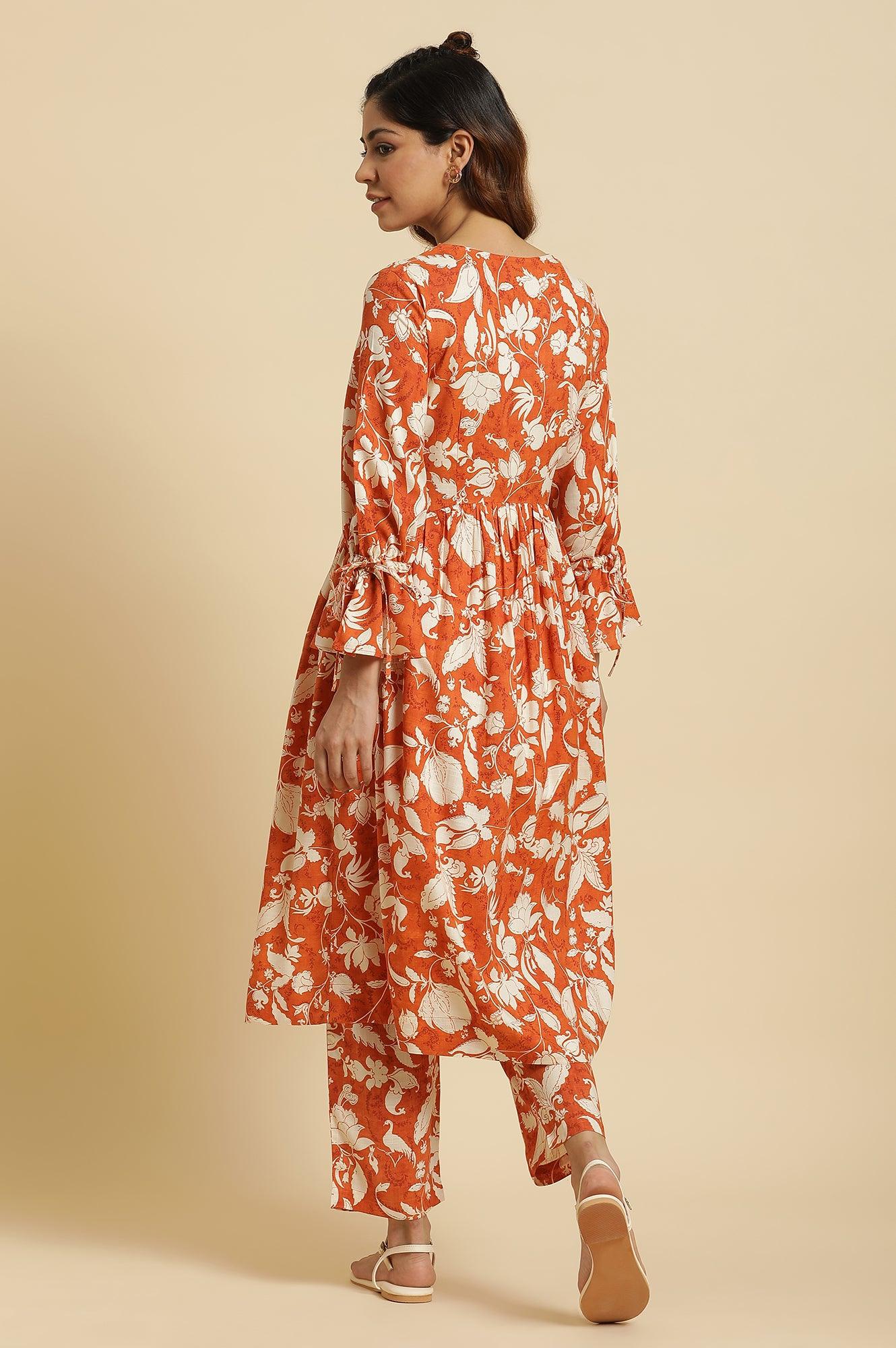 Dark Orange Floral Printed Kurta & Pants Co-Ord Set - View 7