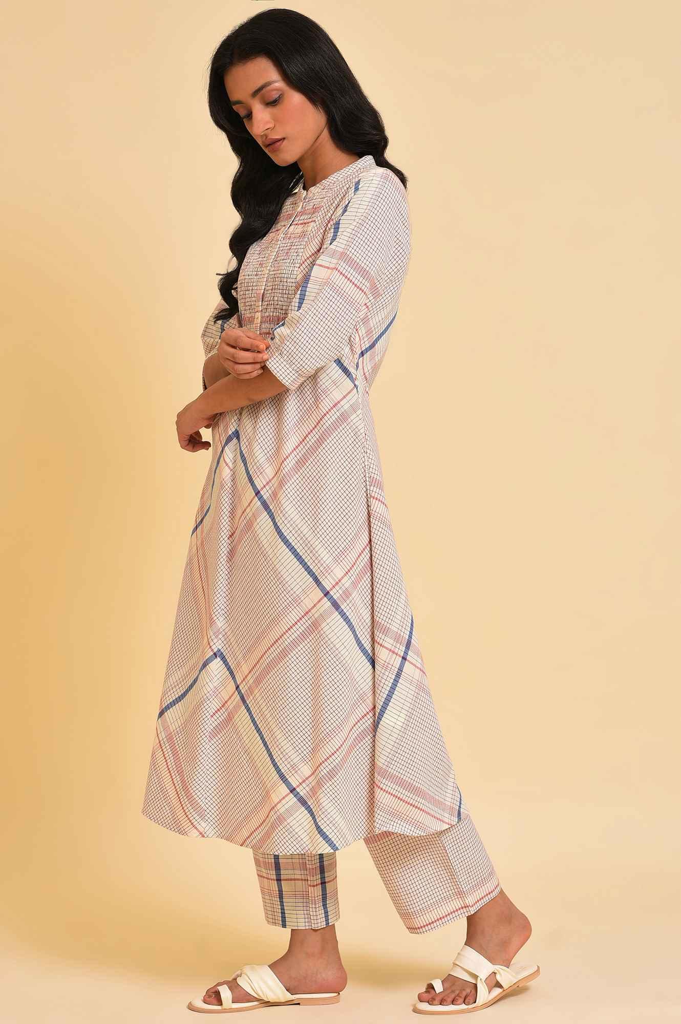 Ecru Bold Checks A-Line kurta & Pants Co-Ord Set - View 6