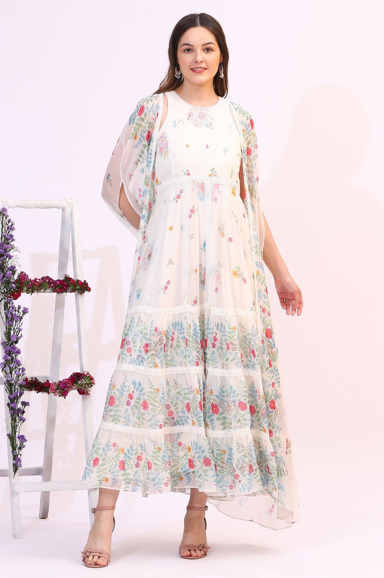 White Floral Printed Chiffon Tiered Flared Dress with Printed Cape - View 9