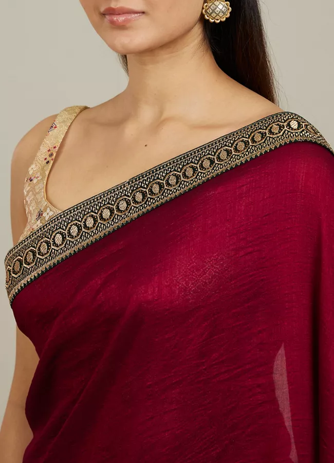 Rose Red Embroidered Border Saree - View 7