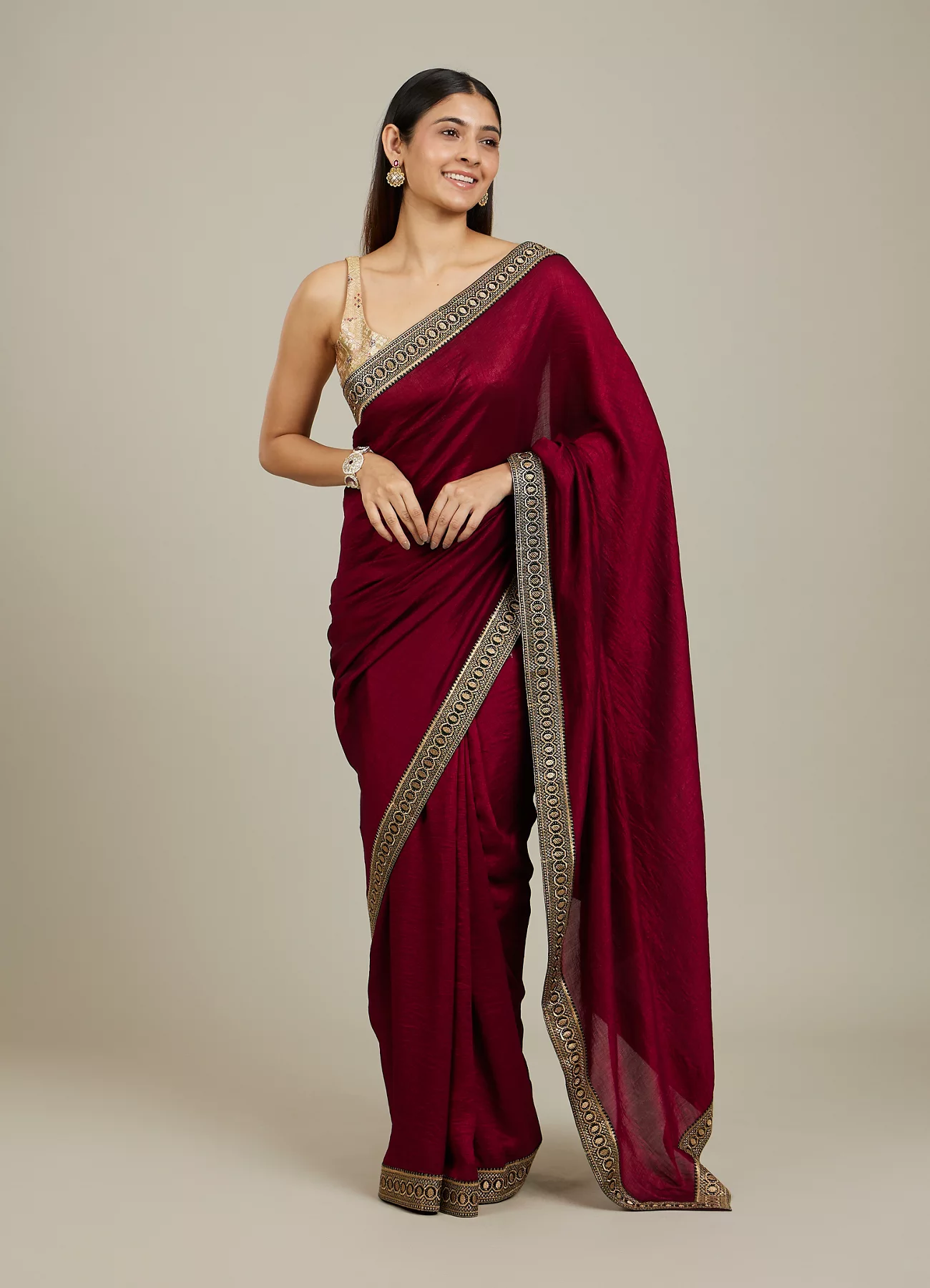 Rose Red Embroidered Border Saree - View 6