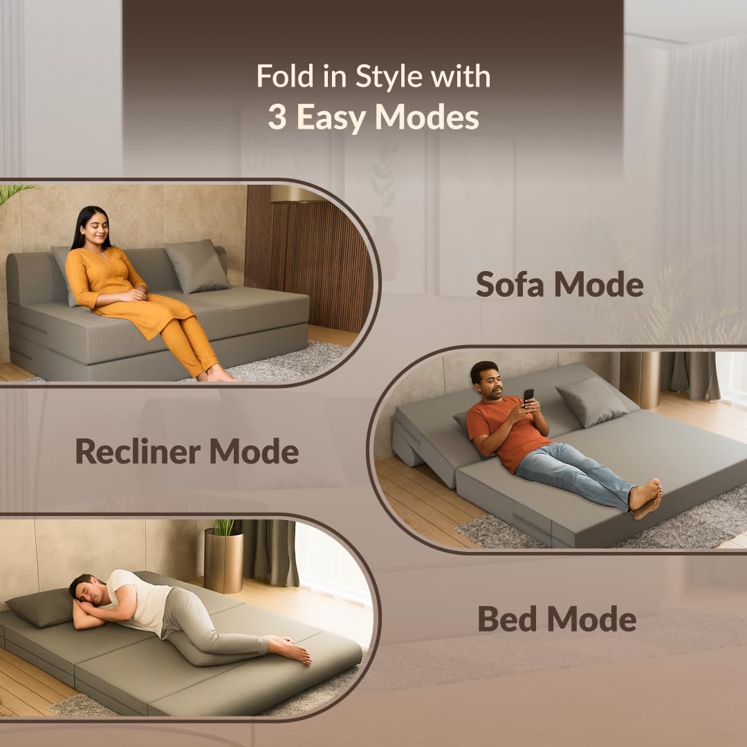 SleepyHug FoldPRO Sofa-Cum-Bed | 3-in-1 Convertible Sofa, Lounger & Bed | TouchSense Technology | HR Foam | Lightweight | 3-Seater | Double Bed | Without Pillow | Grey, 1-Year Warranty - View 5